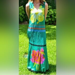 ANUPAMAA Silk Maxi Dress Green Floral Print Boho Luxe Summer Vacation Gown